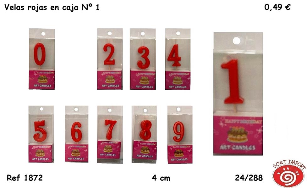 VELA NUMERO 1 ROJA 4 CM EN CAJA PARA COLGAR