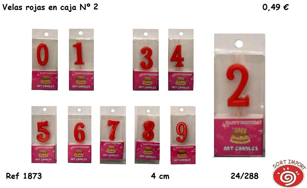 VELA NUMERO 2 ROJA 4 CM EN CAJA PARA COLGAR
