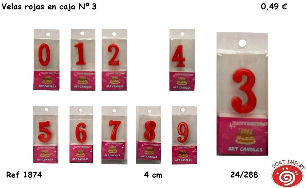 VELA NUMERO 3 ROJA 4 CM EN CAJA PARA COLGAR