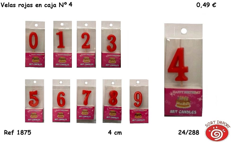VELA NUMERO 4 ROJA 4 CM EN CAJA PARA COLGAR