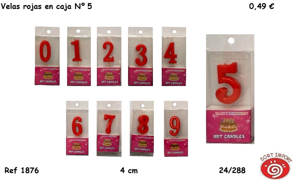 VELA NUMERO 5 ROJA 4 CM EN CAJA PARA COLGAR