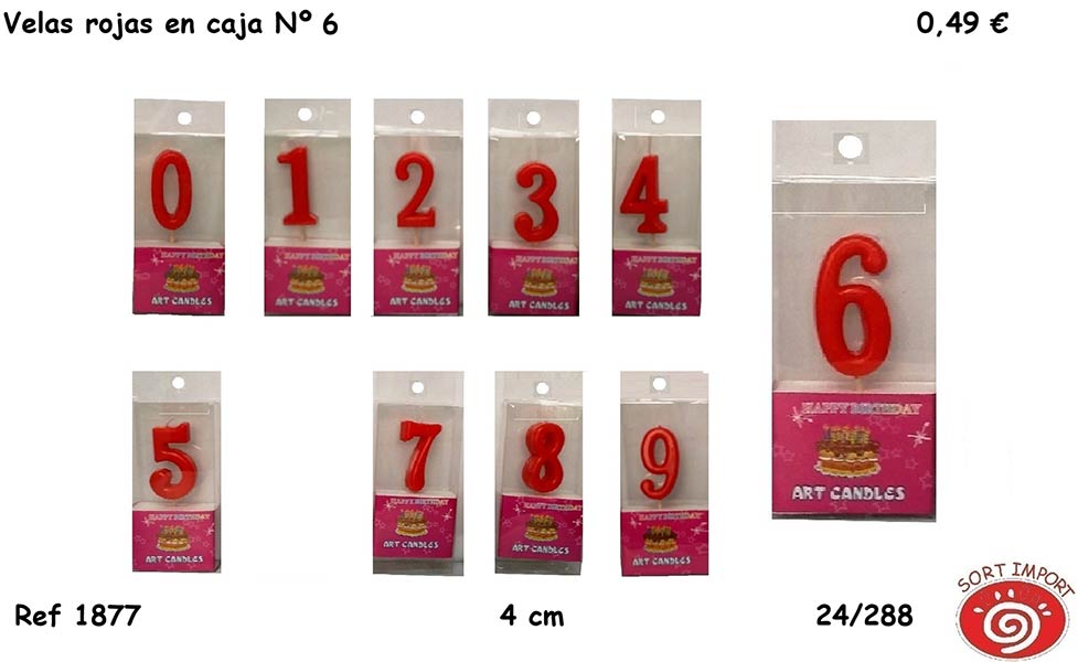 VELA NUMERO 6 ROJA 4 CM EN CAJA PARA COLGAR