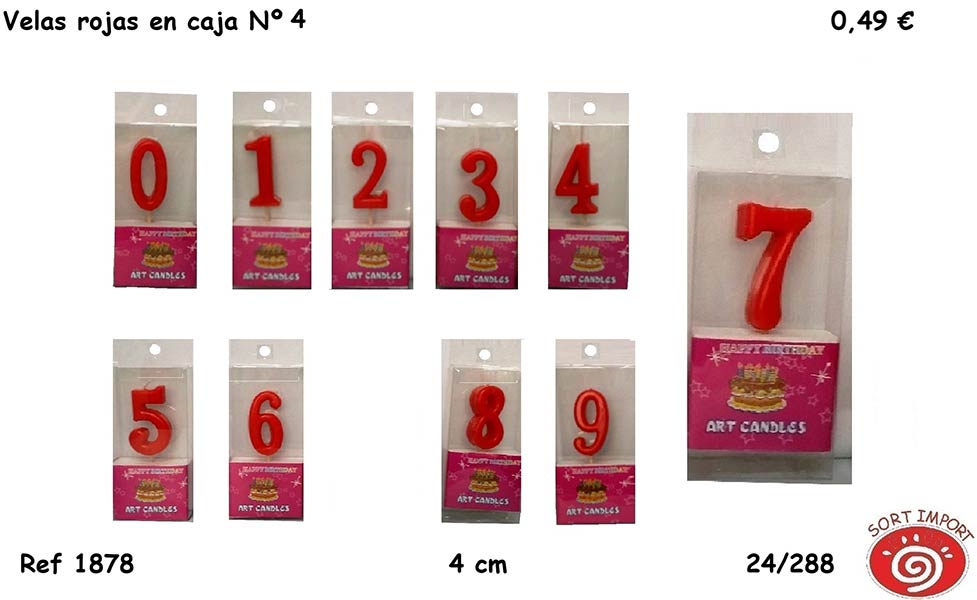 VELA NUMERO 7 ROJA 4 CM EN CAJA PARA COLGAR