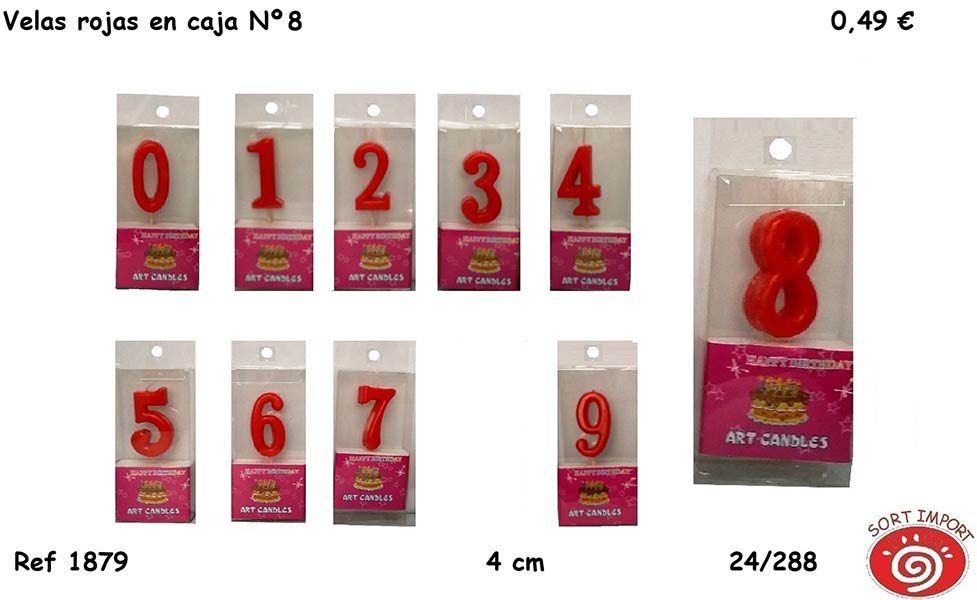 VELA NUMERO 8 ROJA 4 CM EN CAJA PARA COLGAR