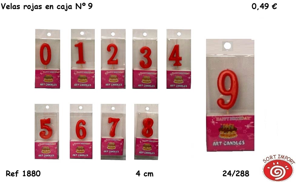 VELA NUMERO 9 ROJA 4 CM EN CAJA PARA COLGAR