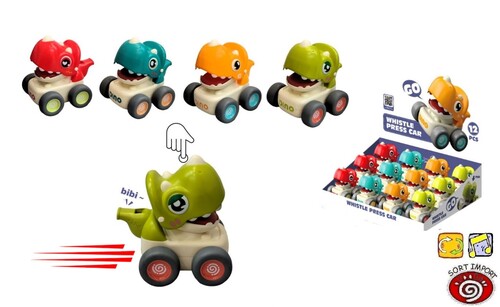 COCHE CABEZA DINO PULSADOR Y SILBATO - EXPOSITOR 12U