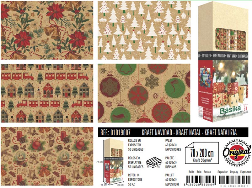 PAPEL REGALO KRAFT NAVIDAD 0,70X2M - CAJA 50 ROLLITOS