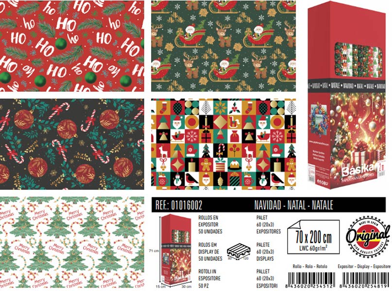 PAPEL REGALO NAVIDAD 0,70X2M - CAJA 50 ROLLITOS