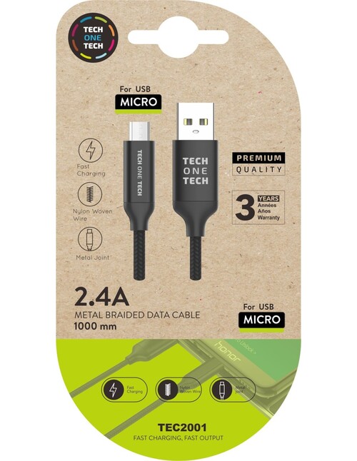 CABLE NEGRO NYLON 1M USB-A A MICRO USB 2,4A