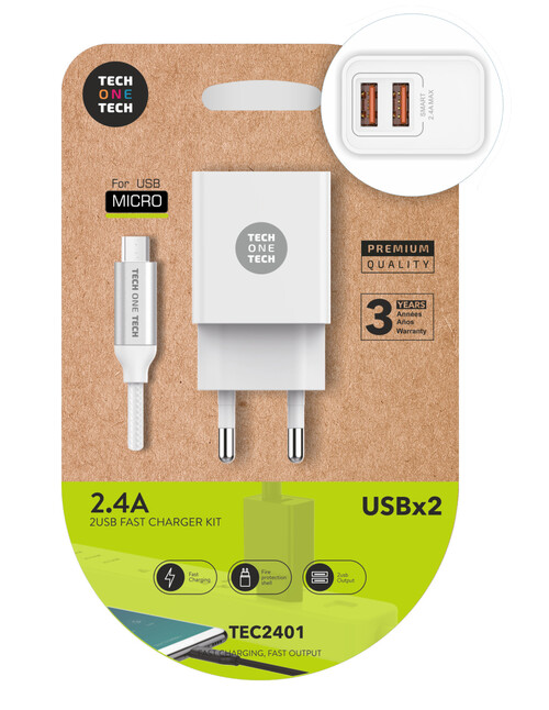 CARGADOR DOBLE BLANCO + CABLE NYLON MICRO 2,4A IPHONE