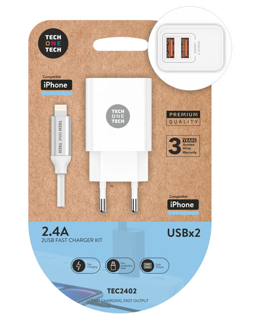 CARGADOR MOVIL DOBLE BLANCO + CABLE NYLON LIGHTNING APPLE