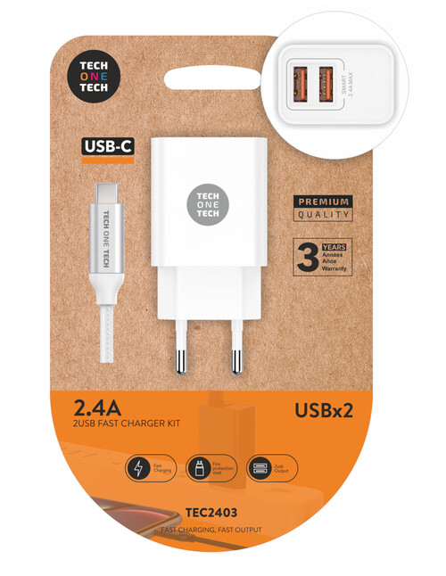 CARGADOR MOVIL DOBLE BLANCO + CABLE NYLON USB-C 2,4A