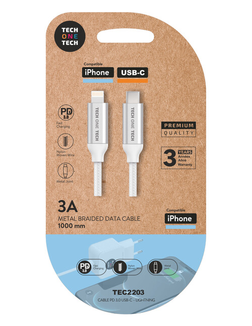 CABLE BLANCO NYLON PD 1 METRO 3A ( USB-A A LIGHTNING APPLE)