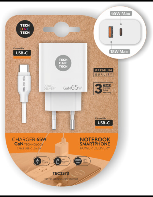 CARGADOR NOTEBOOK / MOVIL 65W GAN PD + CABLE 1,2M 5A