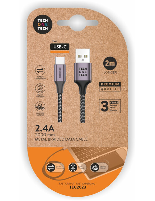 CABLE GRIS NYLON 2 METROS USB-A A USB-C 2,4A