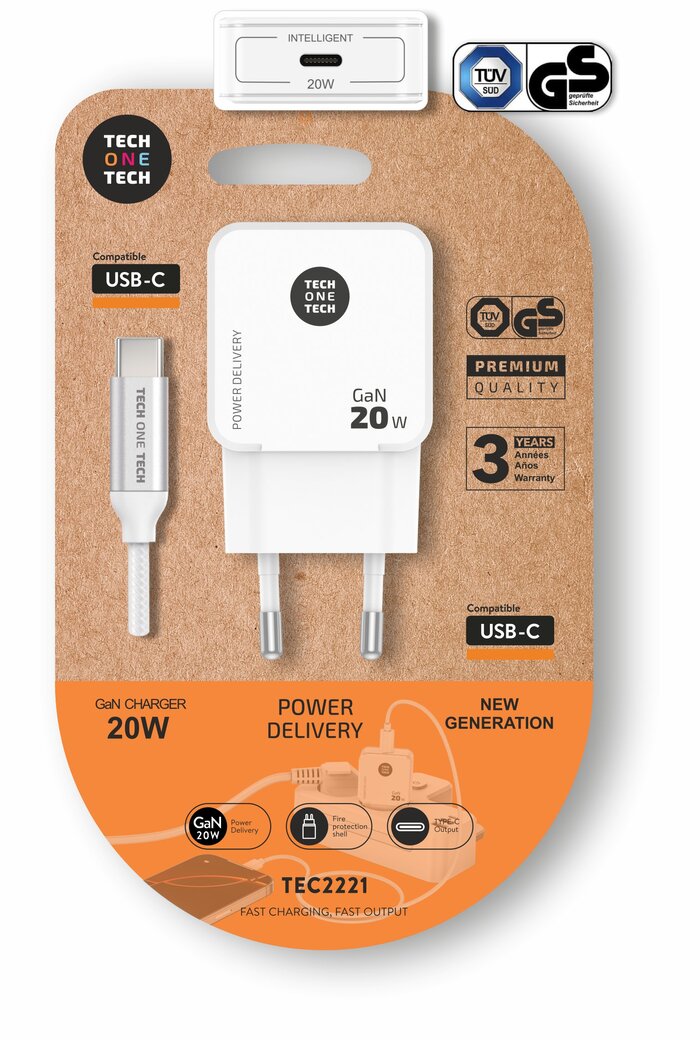 CARGADOR MOVIL ULTRARRAPIDO GAN 20W BLANCO + CABLE USB C