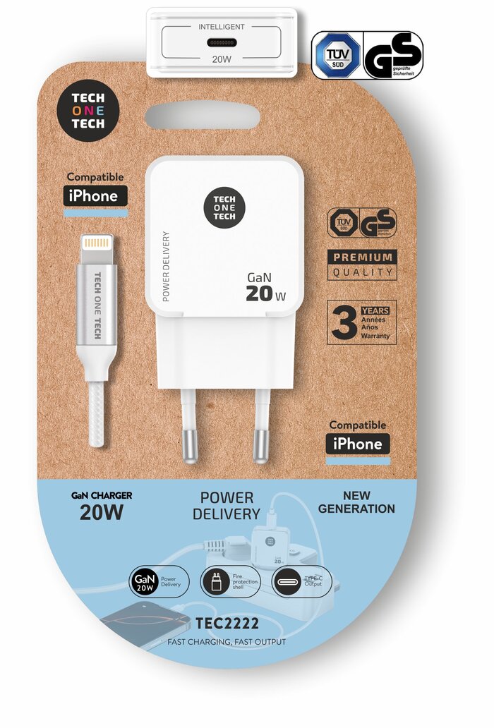 CARGADOR MOVIL ULTRARRAPIDO GAN 20W BLANCO + CABLE APPLE