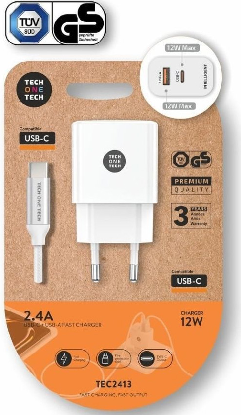 CARGADOR MOVIL 12W + CABLE USB C SALIDA USB C+ USB A