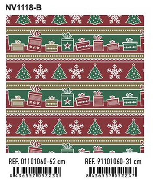 BOBINA 62 CM NAVIDAD REGALOS Y ARBOLES ROJO Y VERDE