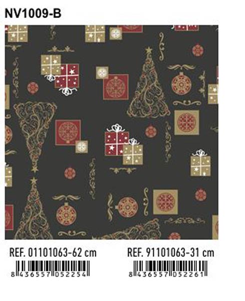 BOBINA 62 CM NAVIDAD DETALLES DORADO Y ROJO FONDO NEGRO