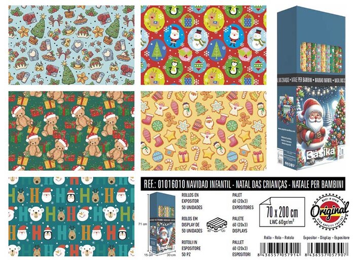 PAPEL REGALO INFANTIL NAVIDAD 0,70X2M - CAJA 50 ROLLITOS