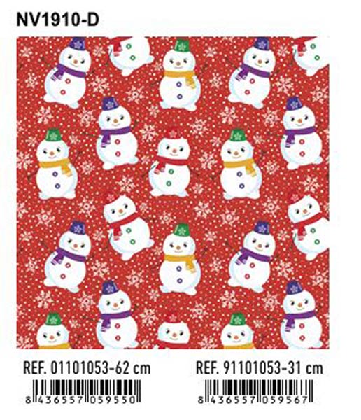 BOBINA 62 CM NAVIDAD MUECOS NIEVE FONDO ROJO