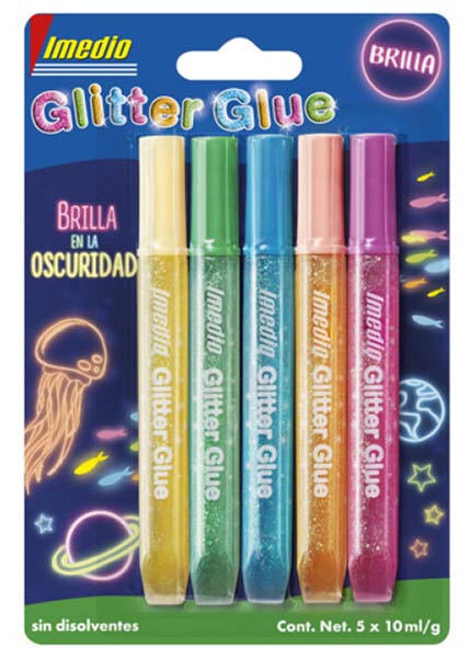 BLISTER 5 PEGAMENTO 10ML BRILLA OSCURIDAD GLITTER COLORES