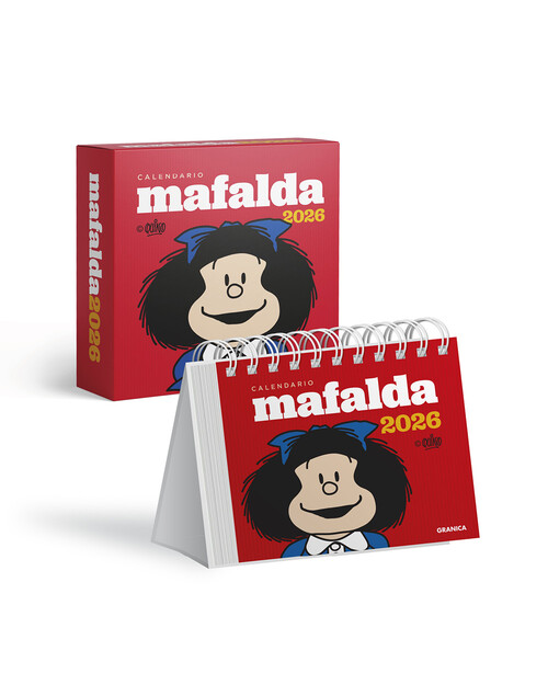MAFALDA 2026. CALENDARIO ESCRITORIO ROJO CON CAJA