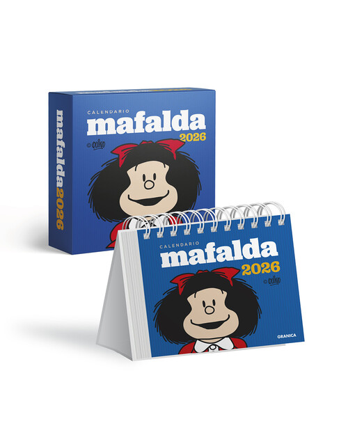 MAFALDA 2026. CALENDARIO ESCRITORIO AZUL CON CAJA