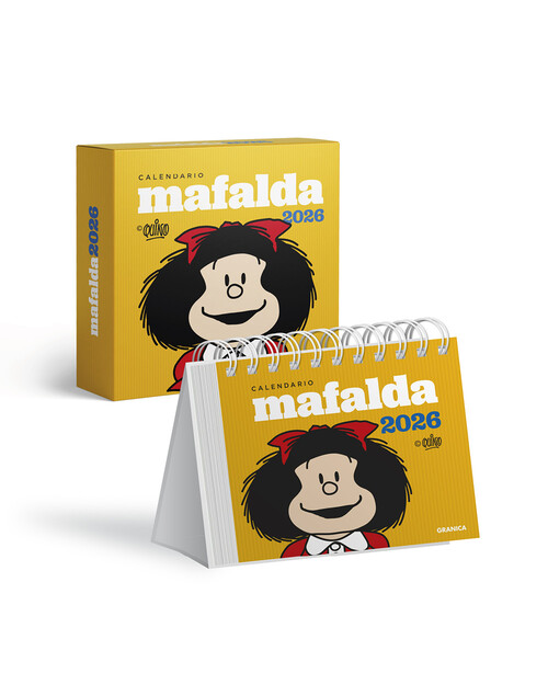 MAFALDA 2026. CALENDARIO ESCRITORIO AMARILLO CON CAJA