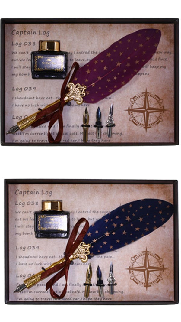 PLUMA PEQUEA CON ESTRELLAS 4 PLUMILLAS Y TINTERO