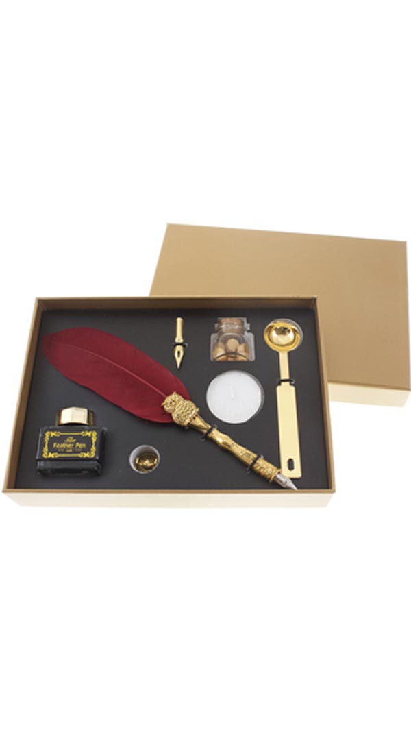 SET ESCRITURA PLUMA CON VELA SELLO Y TARRITO CON LACRE
