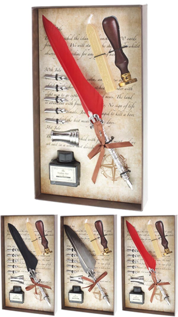 SET ESCRITURA PLUMA CON 5 PLUMILLAS CON LACRE Y SELLO