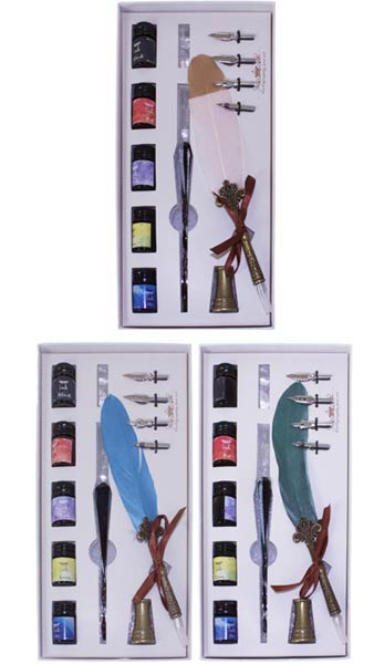SET PLUMA Y PLUMILLA DE CRISTAL 5 PLUMAS 3 COLORES SURTIDOS